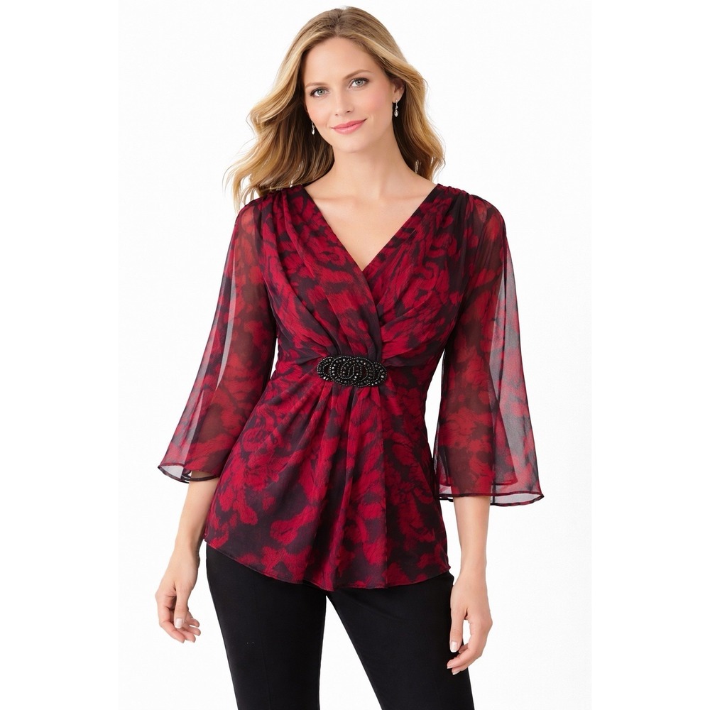 Dressbarn Womens‎ Petite 4 Red Black Chiffon Blouse Beaded Waist Draped Top